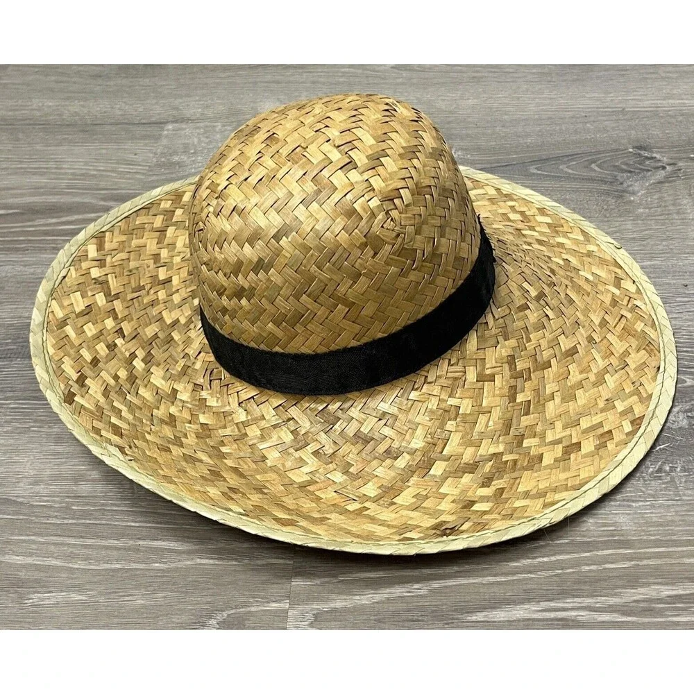 Sun Hat Wide Brim Woven Beige Straw Weave Black Ribbon‎ Band Beach Shade Outdoor